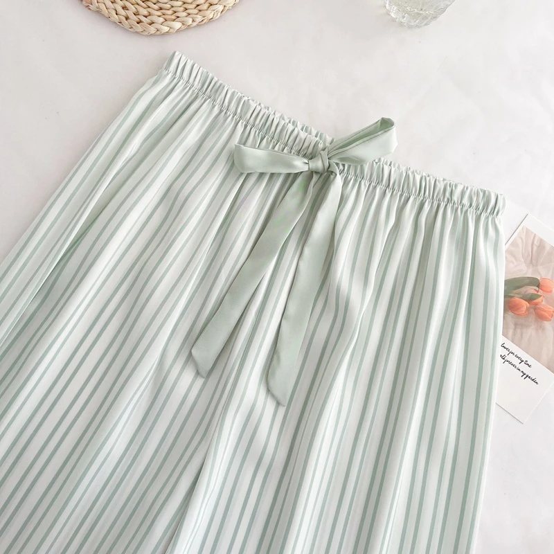 QWEEK Stripe Women's Satin Pajamas Cardigan Trouser Suits Blue Pink Turn-down Collar Home Summer Nightie Casual Room Wear