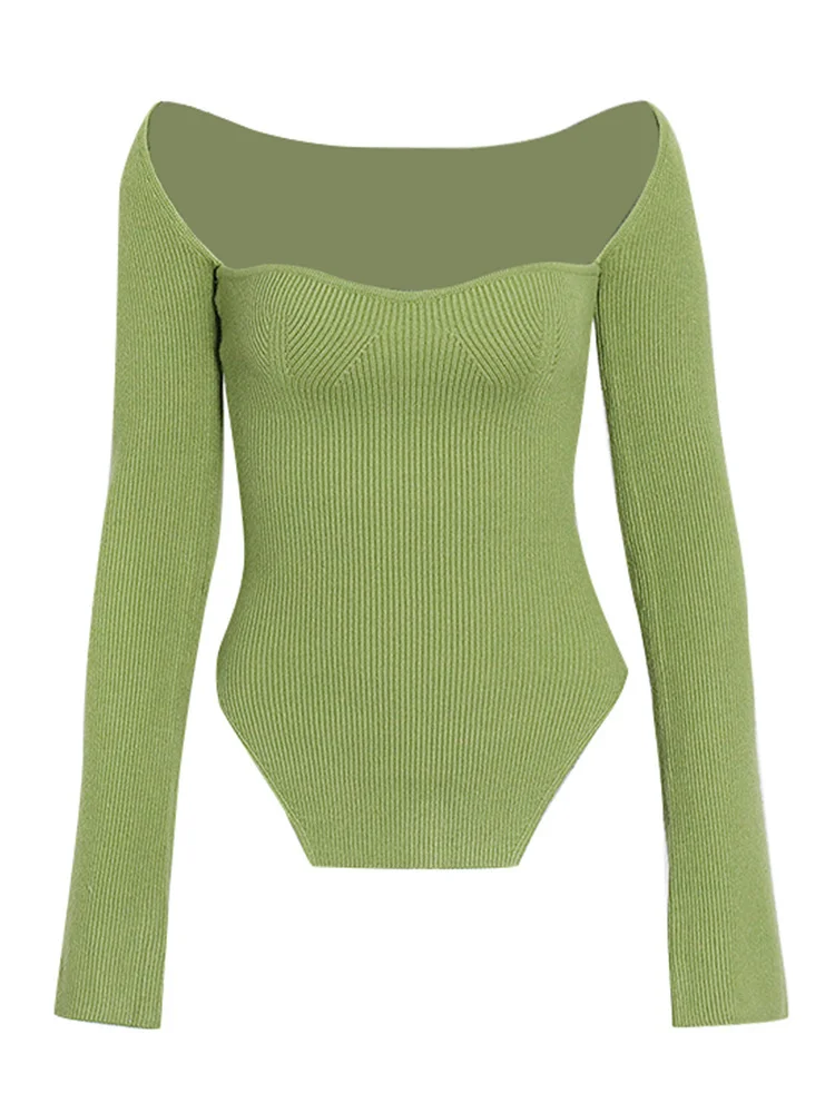 Женский трикотажный свитер с квадратным вырезом длинным рукавом