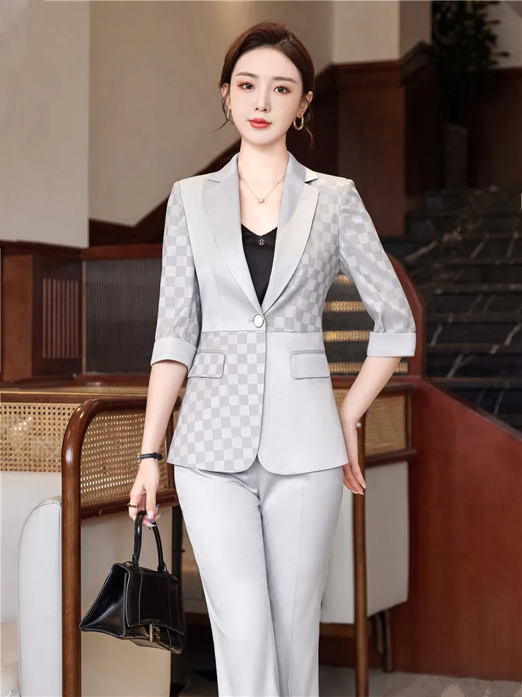 Summer Women Pants Sets 2023 New in Gray White Black Half Sleeve Blazer &Trousers Suit Chic Ladies Elegant Business 2 Piece Set