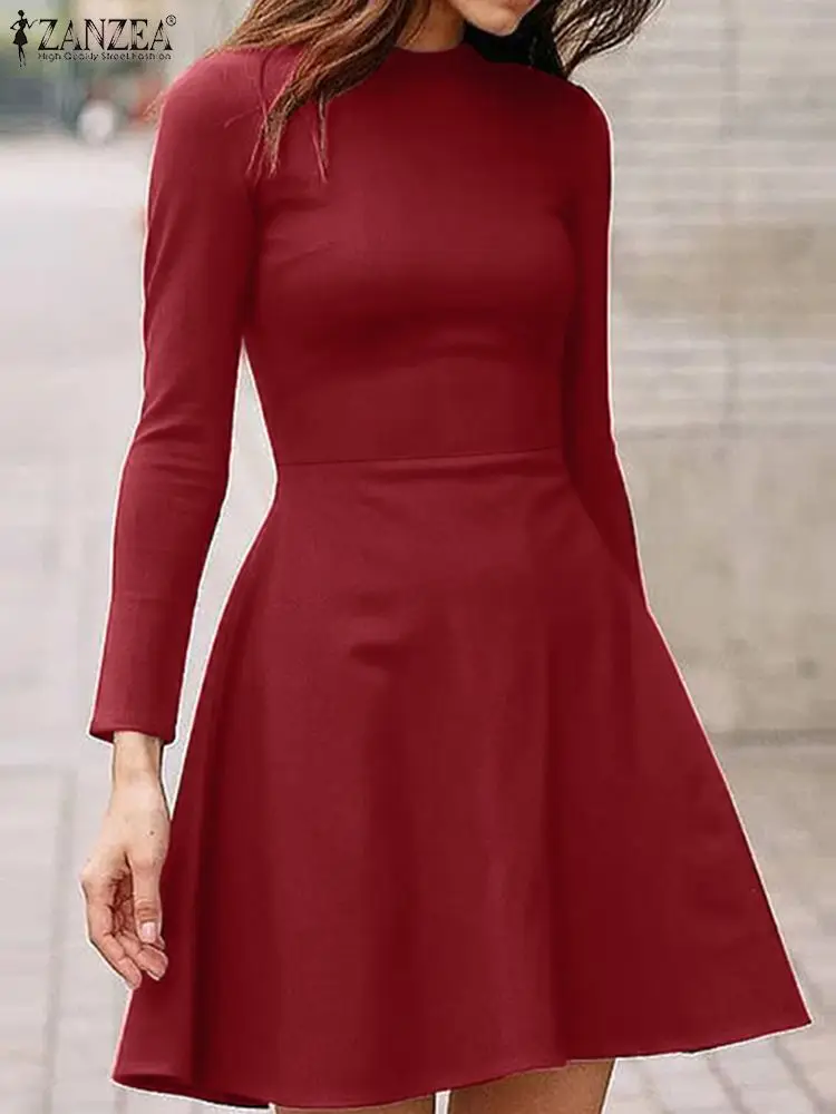 

Платье ZANZEA женское однотонное базовое, стильный Повседневный Сарафан-трапеция с длинным рукавом и круглым вырезом, вечернее Клубное
