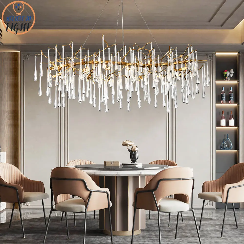 

Rectangle/Round Copper Chandelier for Restaurant Crystal Gold Lustre Chandeliers Lighting Rain Drops Long Light Fixture G9 LED