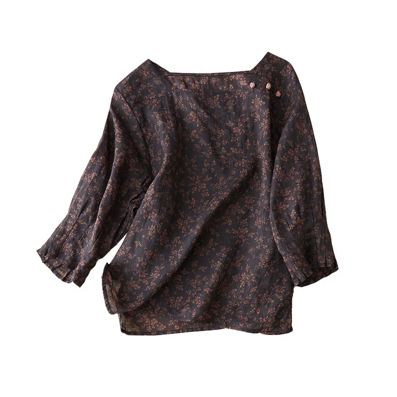 

Blouse In the spring of 2023 the new ramie floral square collar button shirt female restoring ancient ways
