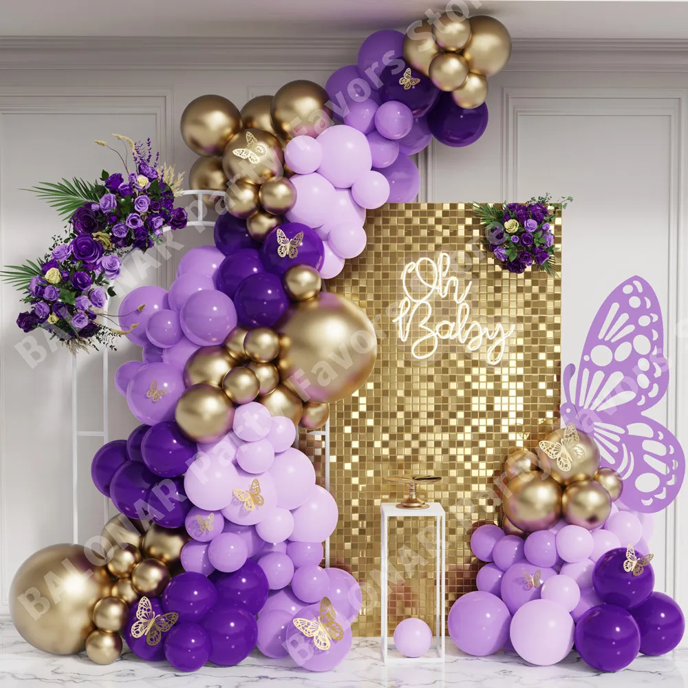 

Gold Purple Balloon Garland Arch Kit Birthday Party Decoration Butterfly Stickers Girl Baby Shower Latex Ballon Wedding Supplies