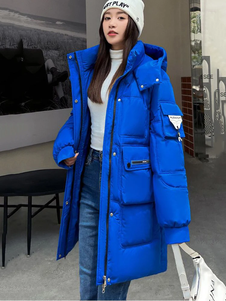 

Пуховик женский средней длины с хлопковой подкладкой, свободная уличная куртка-парка в стиле Харадзюку, утепленное пальто с большими карма...