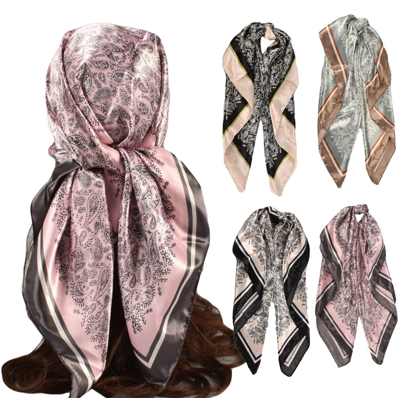 

Fashion Muslim Silk Feeling Head Scarves Cashew Print Square Scarf 90*90cm Satin Hijab Scarf Hair Bandanna DIY Female Head Wrap