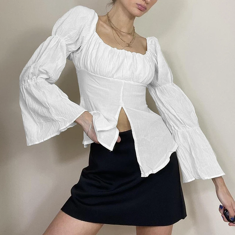 Autumn Spring Fashion Slim Sexy Solid Color Long Sleeve Square Neck Women Casual Short Shirt Blouses Girl Cropped Top Vintage