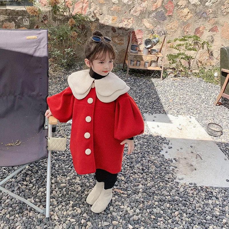 

2022 однобортные шерстяные пальто для девочек, осенне-зимний Тренч, пальто, детская одежда, теплое пальто в виде овцы