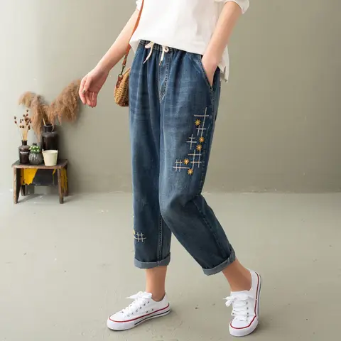 Denim Harem Pants Mom Jeans Woman Baggy Jeans for Women Drawstring Embroidery Elastic High Waist Jeans Vintage Mujer Female