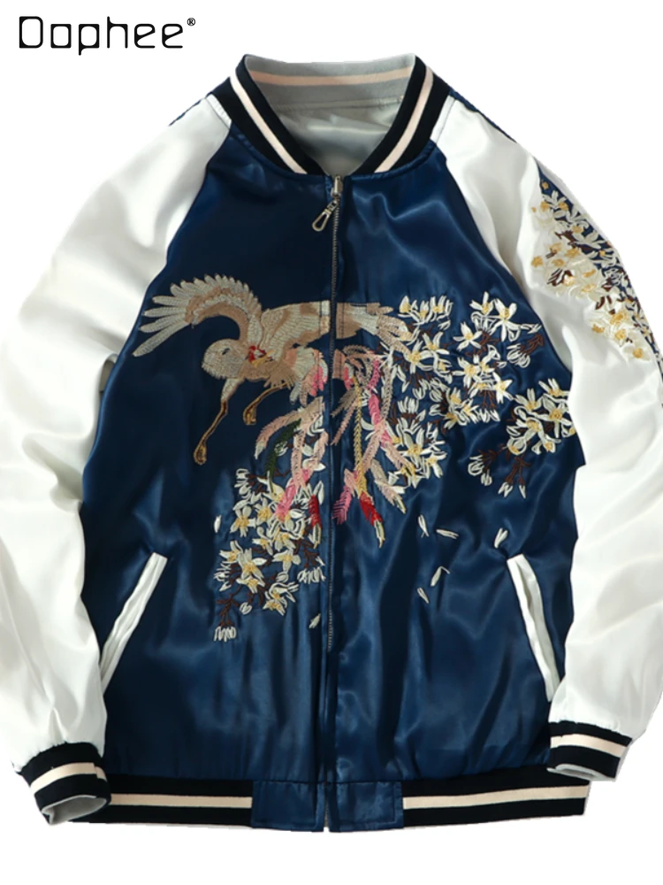 Blue Baseball Uniform Jacket Women's Couple Wear Yokosuka Phoenix Embroidery Coat 2022 Spring Autumn Loose Reversible Jackets