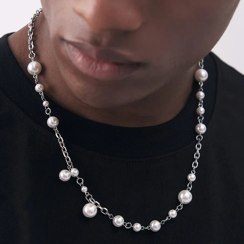 

Street Hip Hop Pearl Necklace For Men Titanium Steel No Fade Chain Stitching Necklace Women Accessories 2022 New Trend