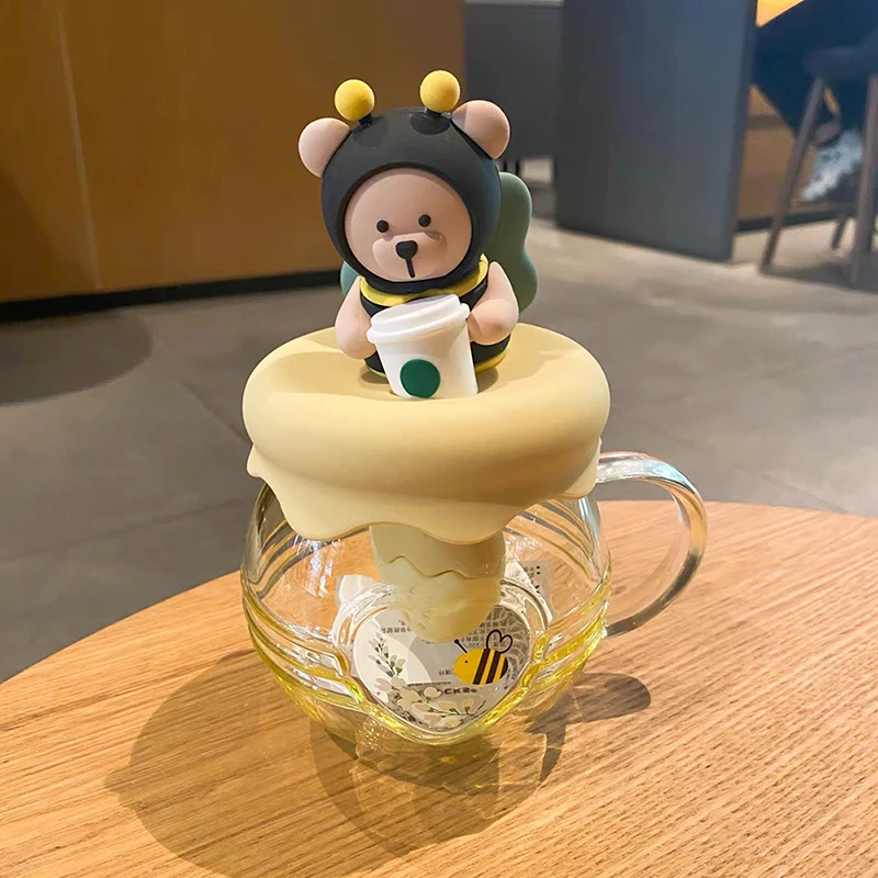 

Mark Cup 2021 Valentine's Day Bee Bear Love Tea Drain Milk Glass with Cover Tea Separation Belt Handle Glass Cup