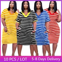 Wholesale Items Striped Oversized T Shirt Dress Women Summer V Neck Loose Midi Dress Streetwear Tees Casual Dress Fashion 3XL