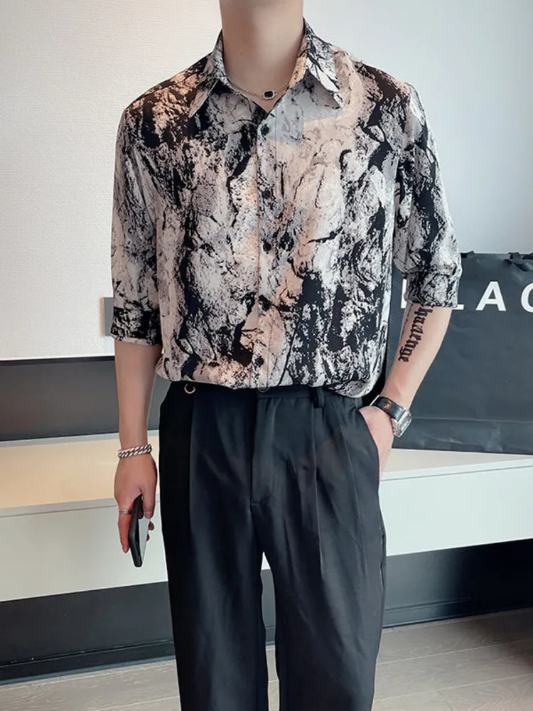 

SYUHGFA 202 Summer Lapel Short Sleeve Breathable Ink Print Shirt For Men Loose Casual Style Shirts Tops Men Clothing