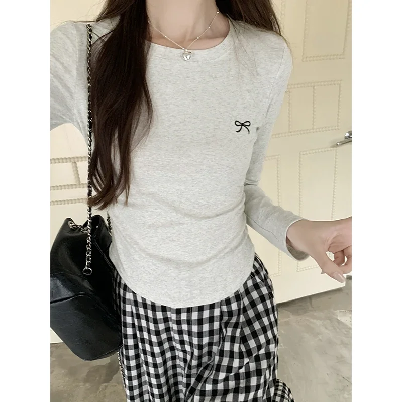 Женские топы с вышивкой бантом и длинным рукавом осенне-зимняя облегающая