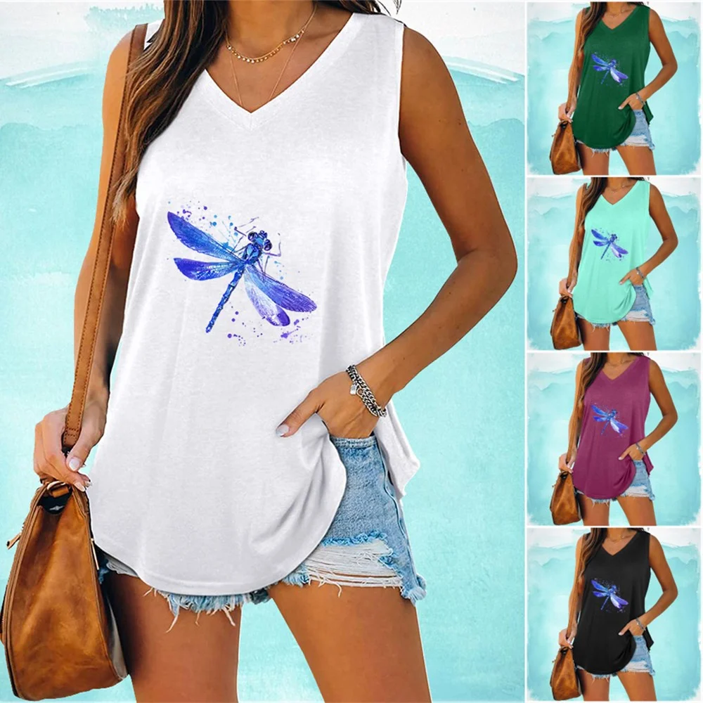 

Women Fashion Sleeveless Top Casual Dragonfly Print T-shirt Summer V Neck Vest Shirt Laides Loose Tank Top