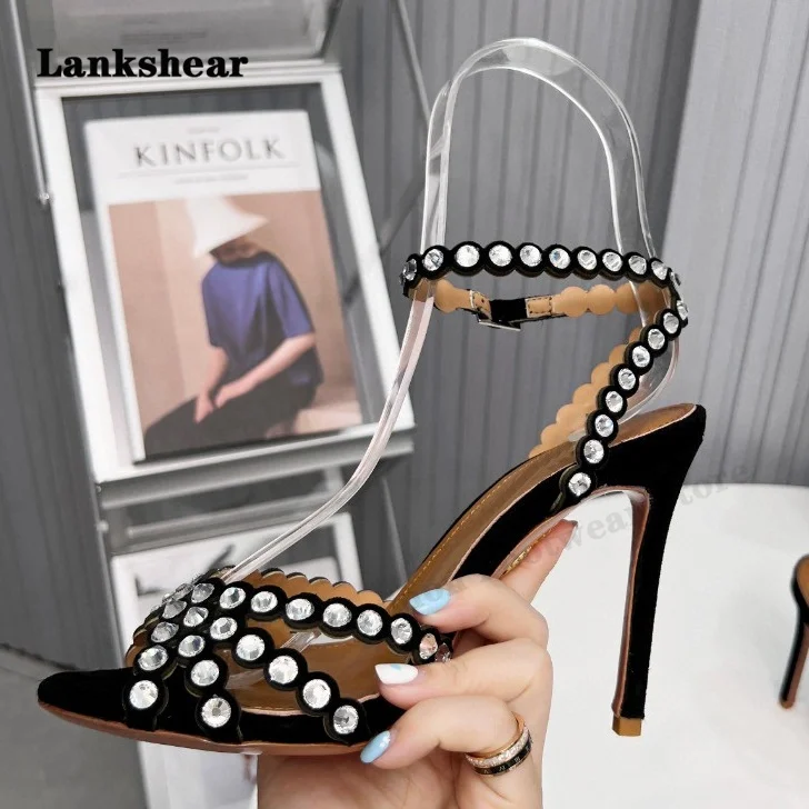 Stiletto Heels Crystal Bling Bling Rhinestone Sandals Slingback Ankle Strap Shoes Women Peep Toe Summer Sandals Large Size 34-43