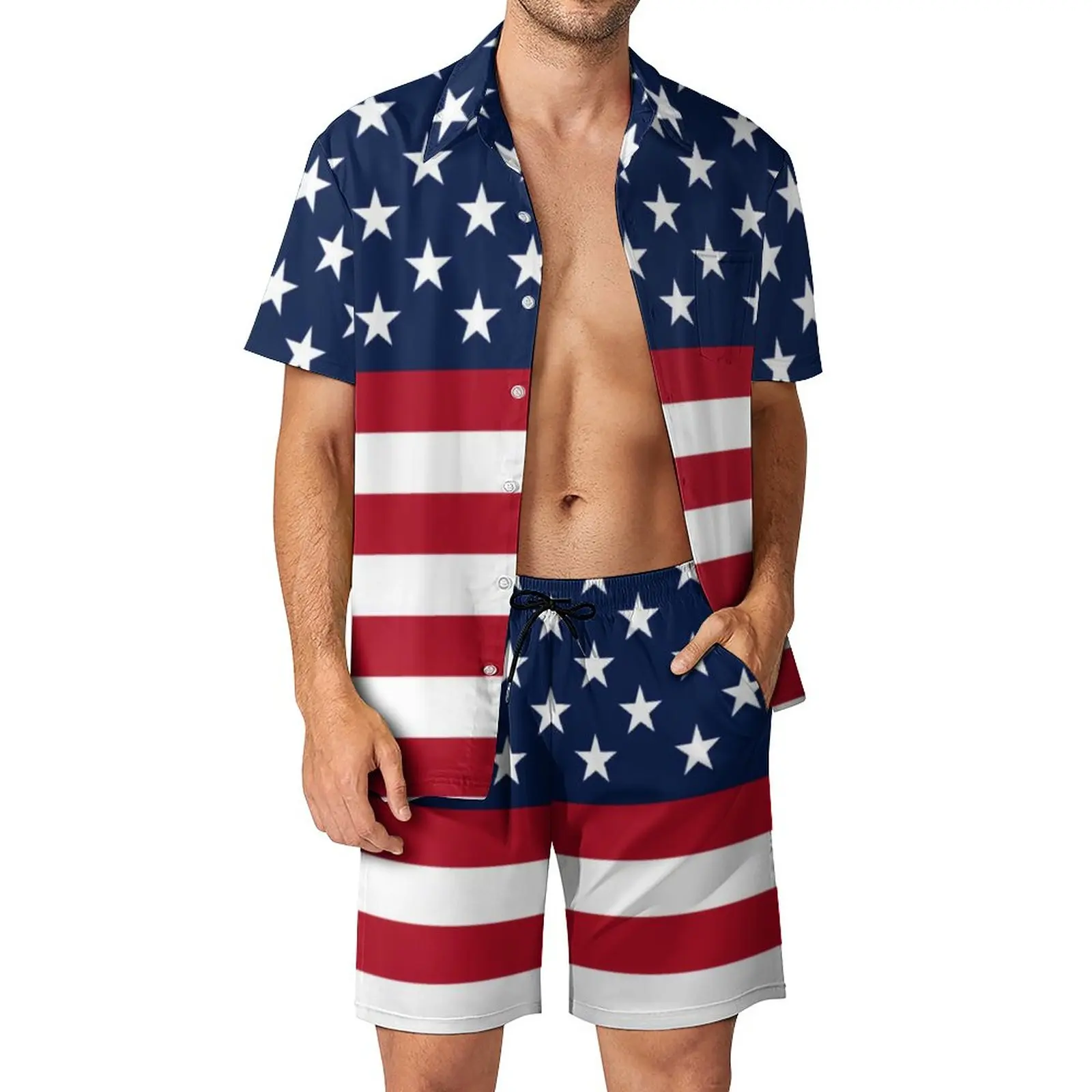 

Red And White Striped Men Sets Stars Spangled USA Flag Casual Shorts Beach Shirt Set Retro Suit Short-Sleeve Plus Size Clothing