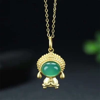 hot selling natural hand carved 925 silver gufajin inlay jade little monk necklace pendant fashionjewelry menwomen luck gifts