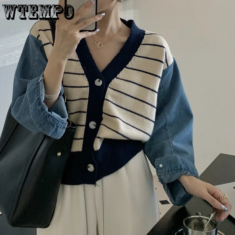 

Women Knitting Sweaters Knitwear Denim Patchwork V-neck Long Sleeve Cardigans Coat Female Outwear Streetwear All-match Short Top