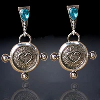 creative round heart drop earrings for women vintage jewelry silver color blue teardrop crystal stone dangle earrings jewelry