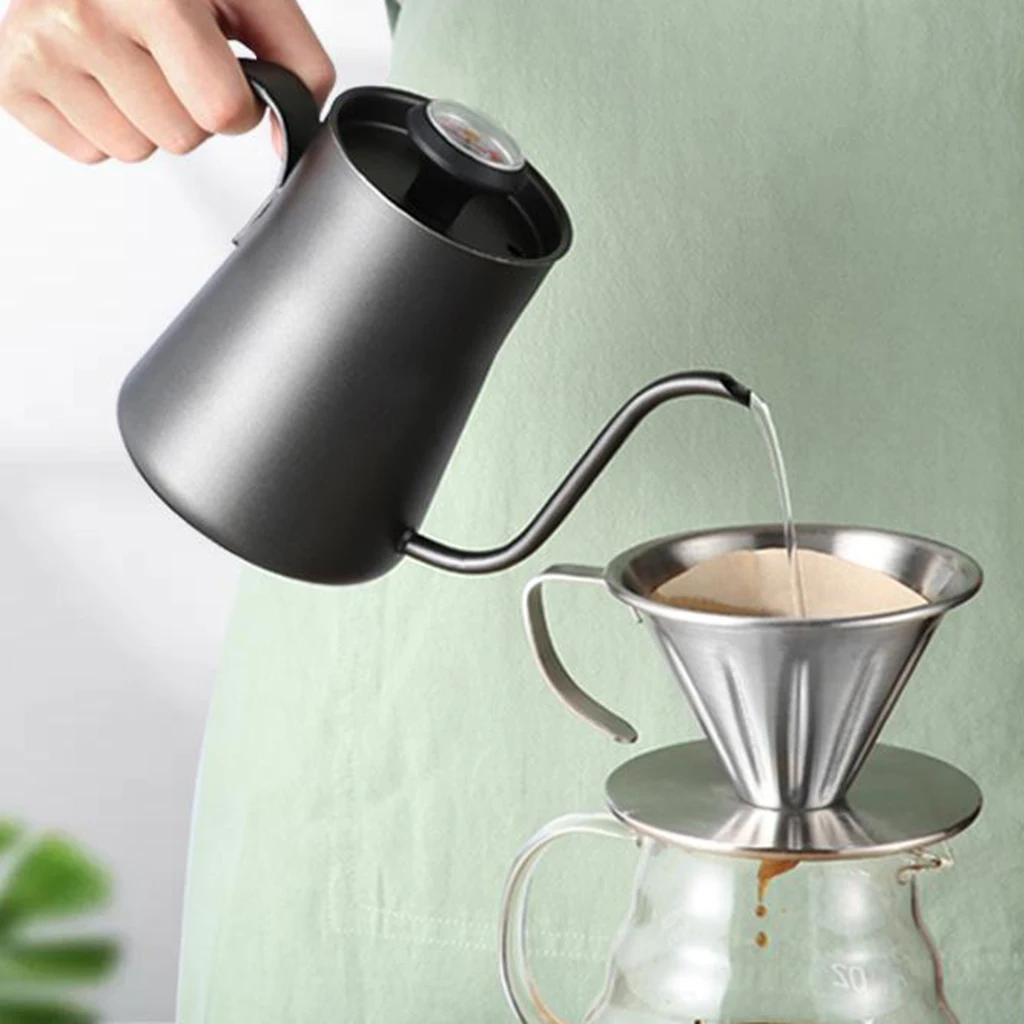 

550ML Stainless Steel Coffee Drip Kettle with Thermometer Gooseneck Pour Over Coffee Tea Pot Anti–Rust Coffee Pots