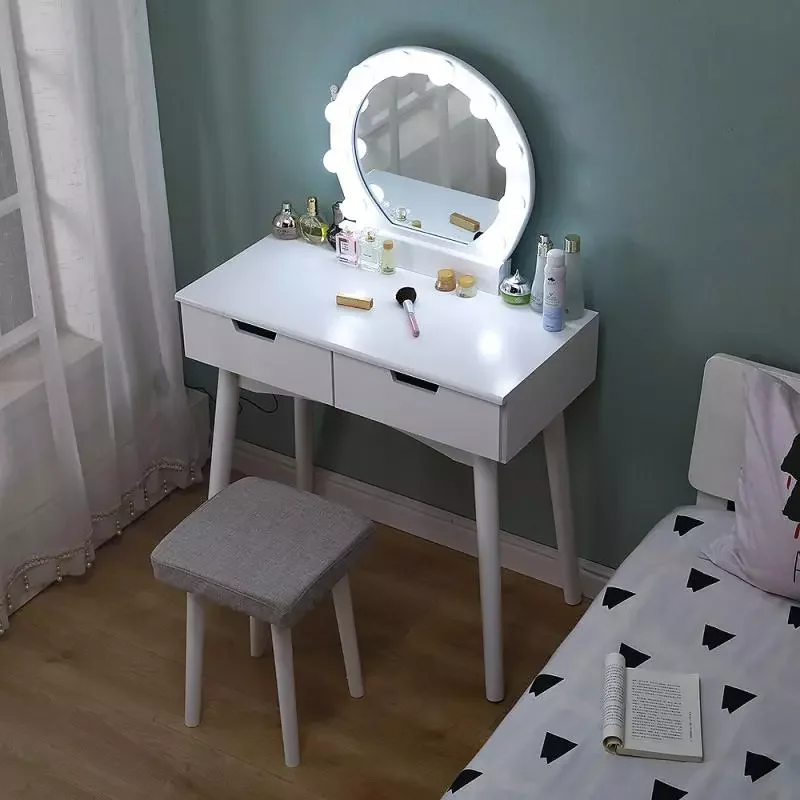 

Nordic Style Dressing Table Mirror Drawer Makeup Minimalist Table Simple Solid Wood Makeup Chair Set Bedroom Furniture WW50