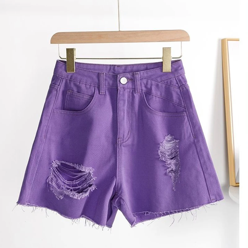 Loose high waist ripped denim shorts women's summer 2022 new Korean purple wide-leg A-line hot pants  Shorts