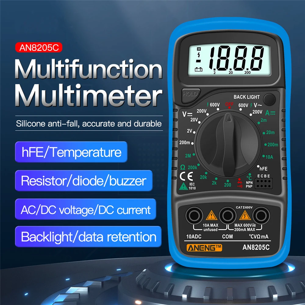 

AN8205C Digital Multimeter AC/DC Ammeter Volt Ohm Test Meter Profession Multimetro With Thermocouple LCD Backlight Display