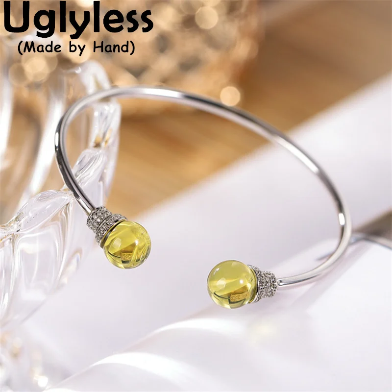 

Uglyless Simple Gemstones Balls Bangles for Women Glossy 925 Silver Open Bangles Nature Blue Amber Luxury Jewelry Zircons Bijoux