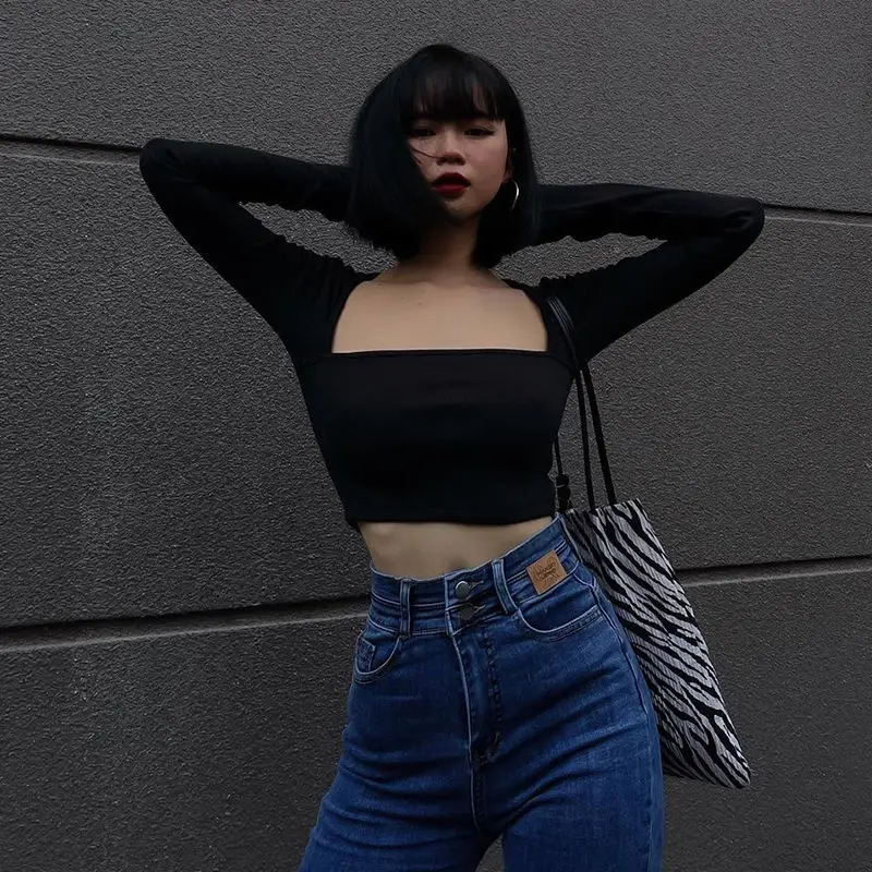 

Кроп-топ женский с квадратным вырезом, пикантная облегающая футболка с длинным рукавом, Повседневная Уличная одежда, базовая футболка, Y2K, в...