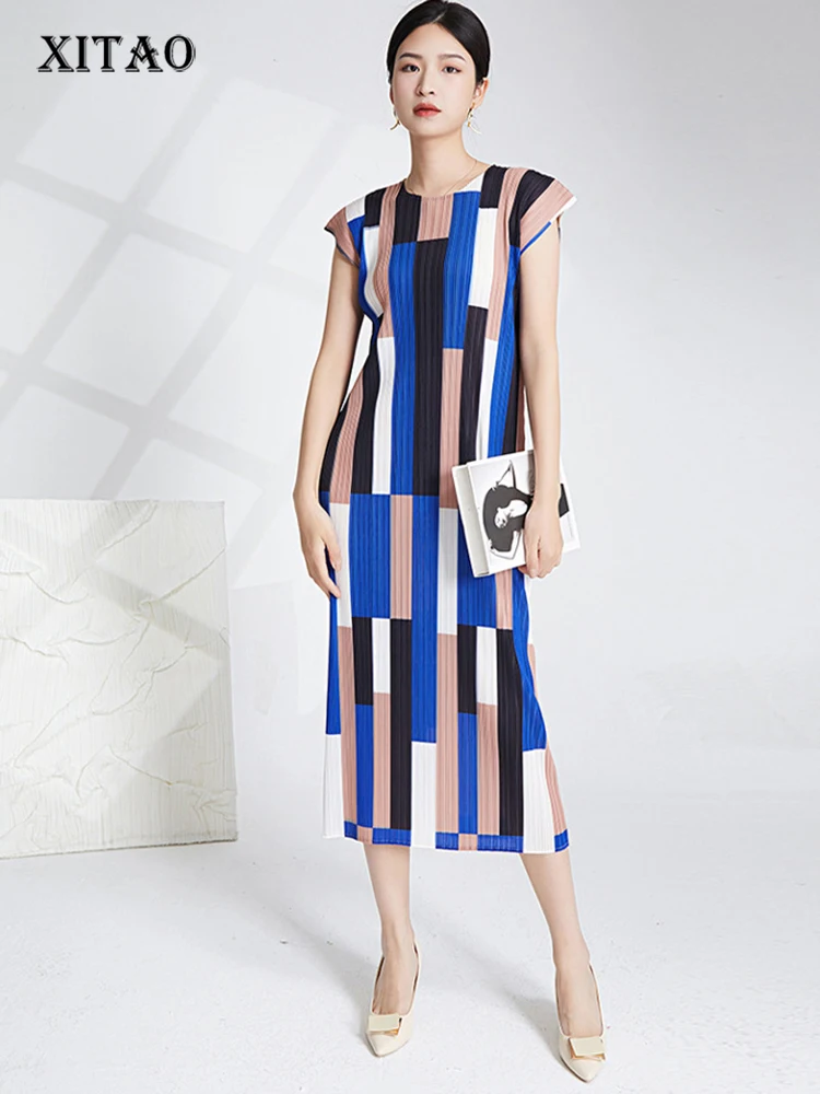 

XITAO Contrast Color Folds Dress Irregular Striped Print Women Fashion O-neck Temperament Summer Loose New Dress WLD16387