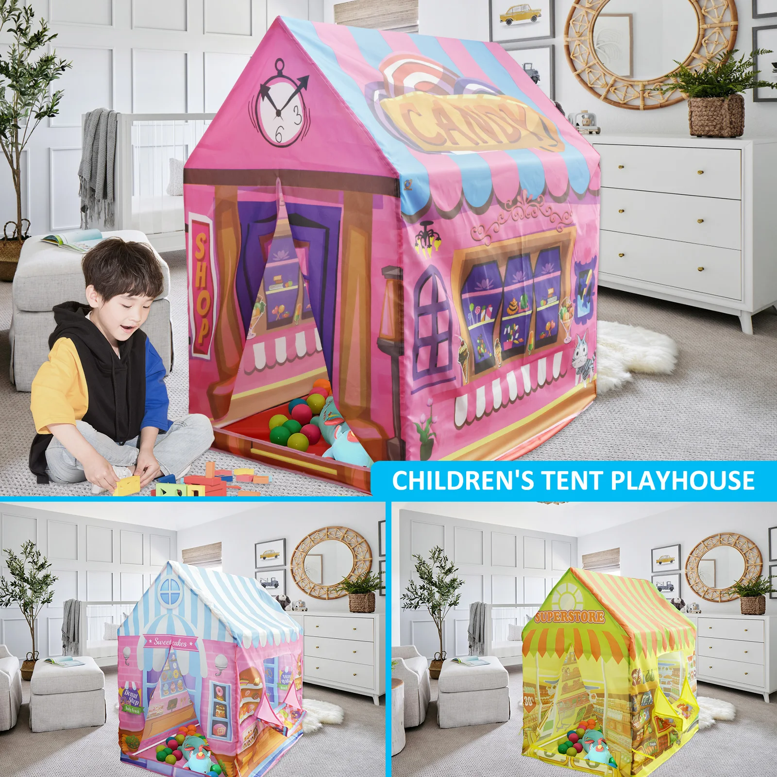 

Kids Playhouse with Roll-up Door Colorful Cute Playhouse Tent Large Size House Play Tent Detachable Foldable Castle Play Tent