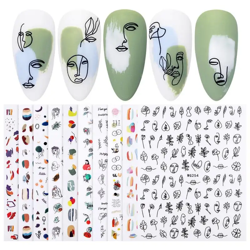 

Абстрактные наклейки для ногтей, 10 листов, наклейки для ногтей, 3D Самоклеящиеся украшения «сделай сам» для женщин, девочек, детей, листы Peel Easil