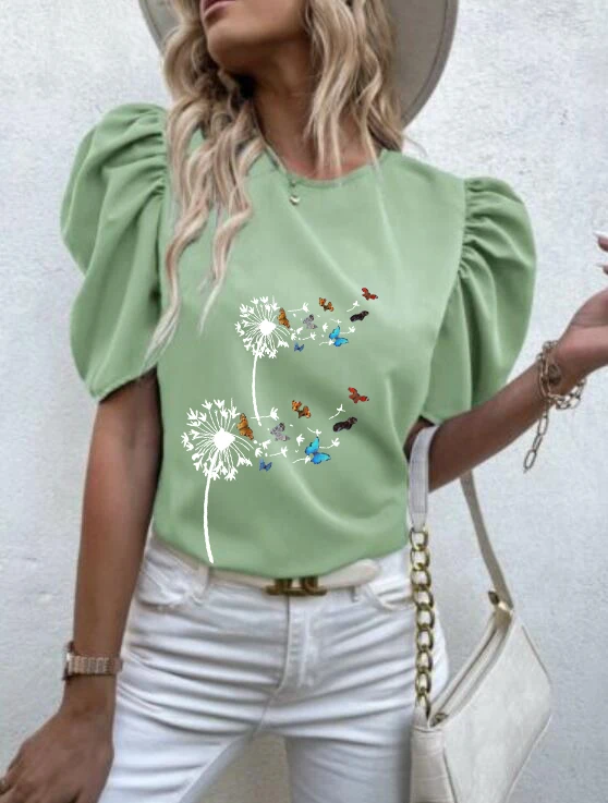 

None Floral Women Other Crew neck T-Shirt Short Sleeve Summer Polyester T-Shirts Shirring Puff Sleeve Pullover