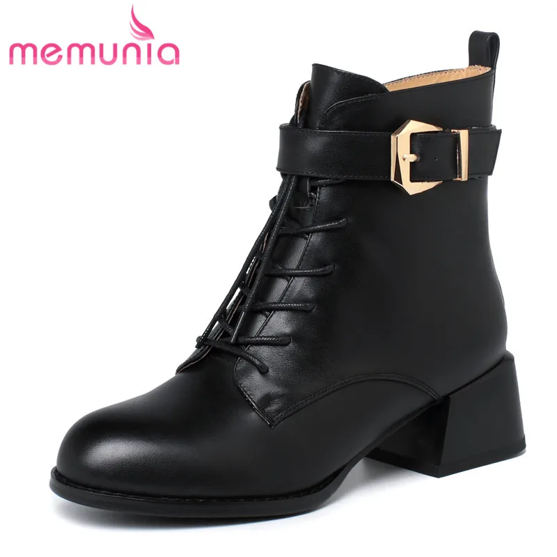 

MEMUNIA 2023 New Fashion Genuine Leather Winter Boots Woman Narrow Band Ladies Ankle Boots Square Med Heels Platform Shoes