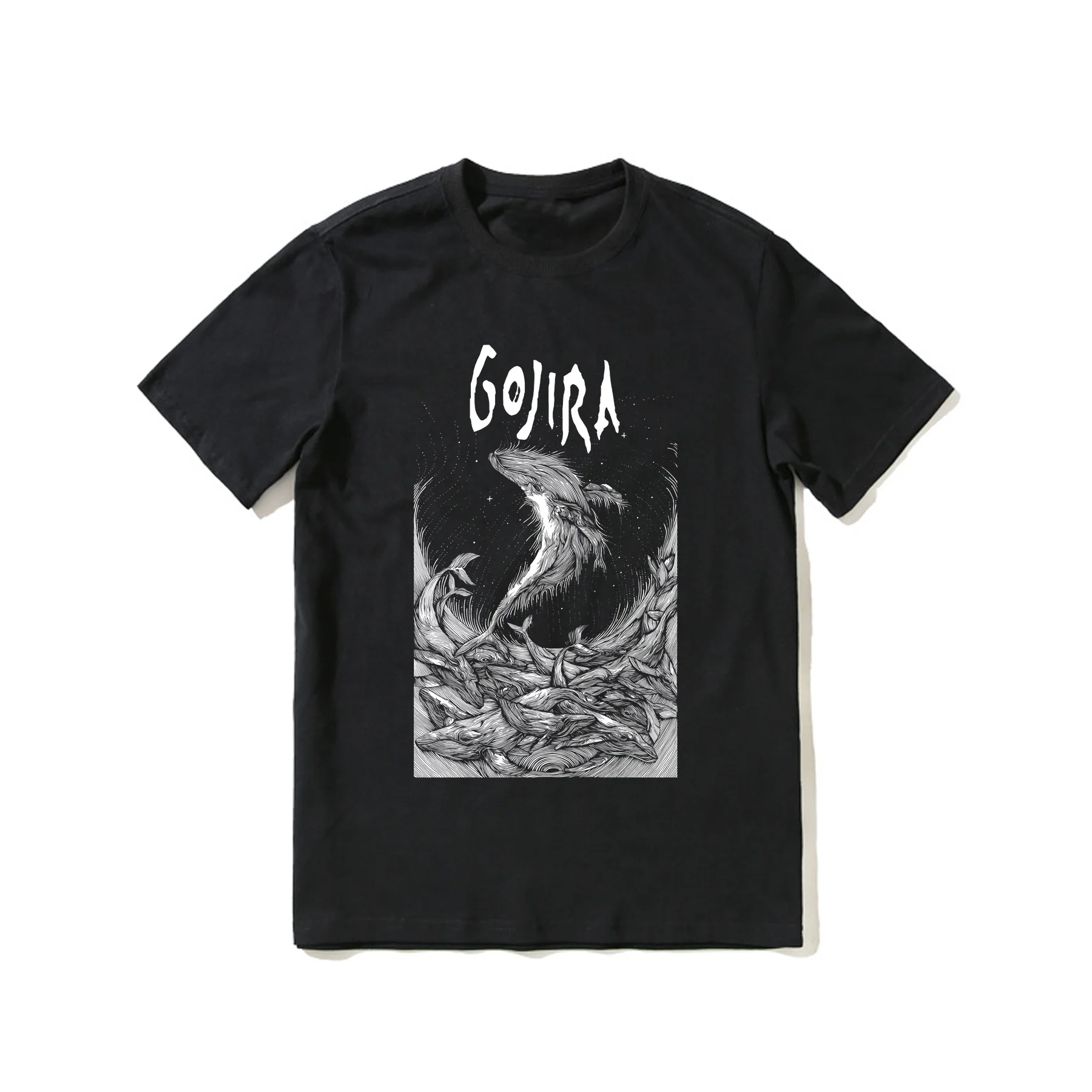 

2023 Hot Sale Summer 100% Cotton Gojira Woodblock Whales Black T Shirt Men Short Sleeves Cool Tee Hip Hop Streetwear T-shirt