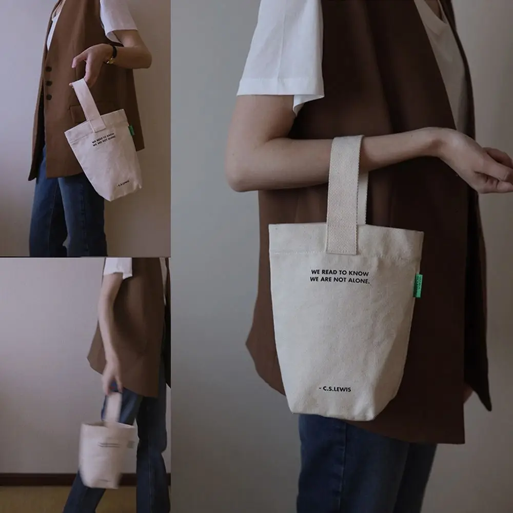

Wrist Strap Mini Canvas Bag Reusable Canvas Small Shopper Bag Letters Printing Handbags Women Girls