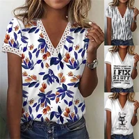 womens new fashion printed shirt 2022 summer sexy v neck lace short sleeve splicing top plus size casual loose t shirt