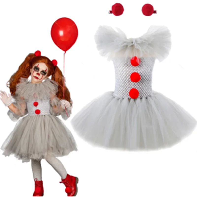 

Gray Clown Pennywise Tutu Dress for Kids Girls Carnival Halloween Cosplay Costume Tulle Outfit Children Party Scary Clothes
