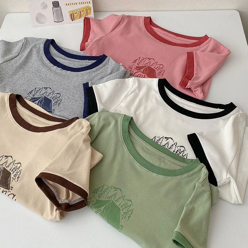 

Color Block Tent Camp Graphic Crop Tee Green Beige White Pink Gray Summer Fitted Women Tops