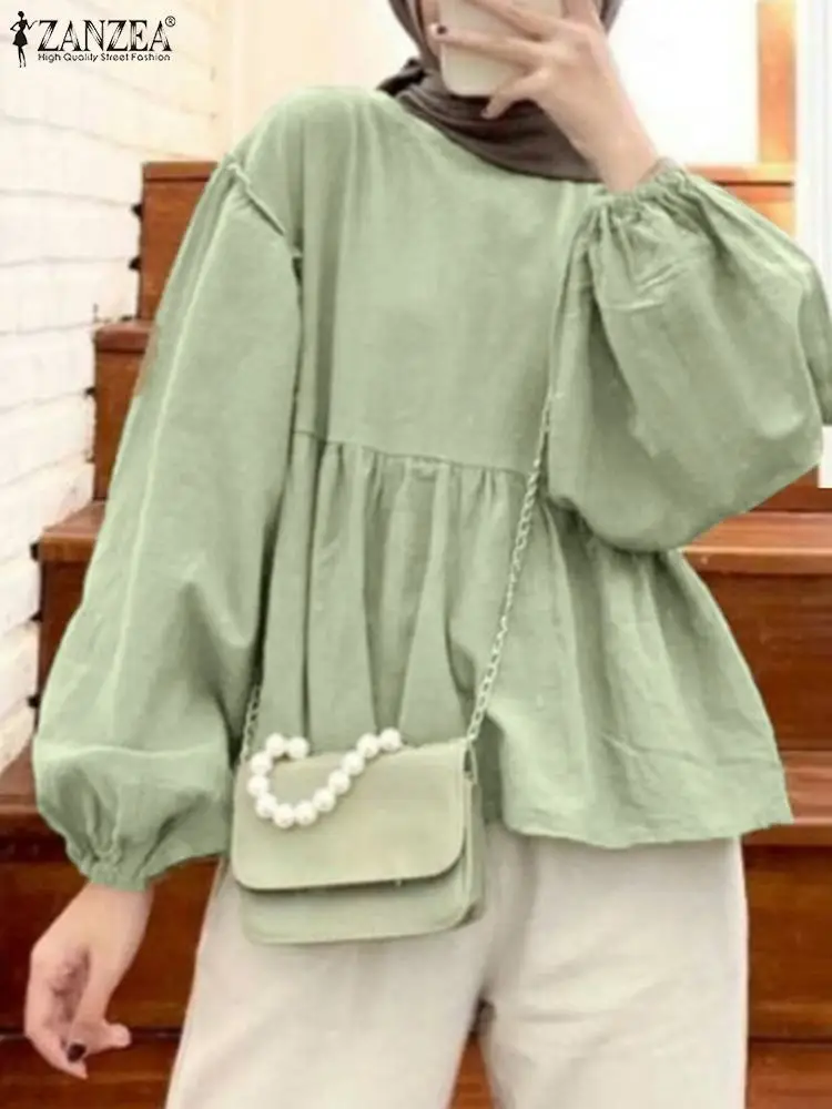 

2023 ZANZEA Spring Elegant Solid Color Holiday Shirt Stylish Puff Sleeve Muslim Blouse O-Neck Ruffles Tops Abaya Hijab Blusas