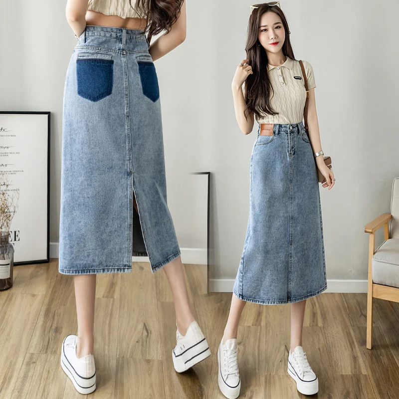 New Streetwear Girls Denim Mid Length Skirt Women Casual High Waist Slim Jeans Skirts Ladies Korean Fashion Clothing Woman