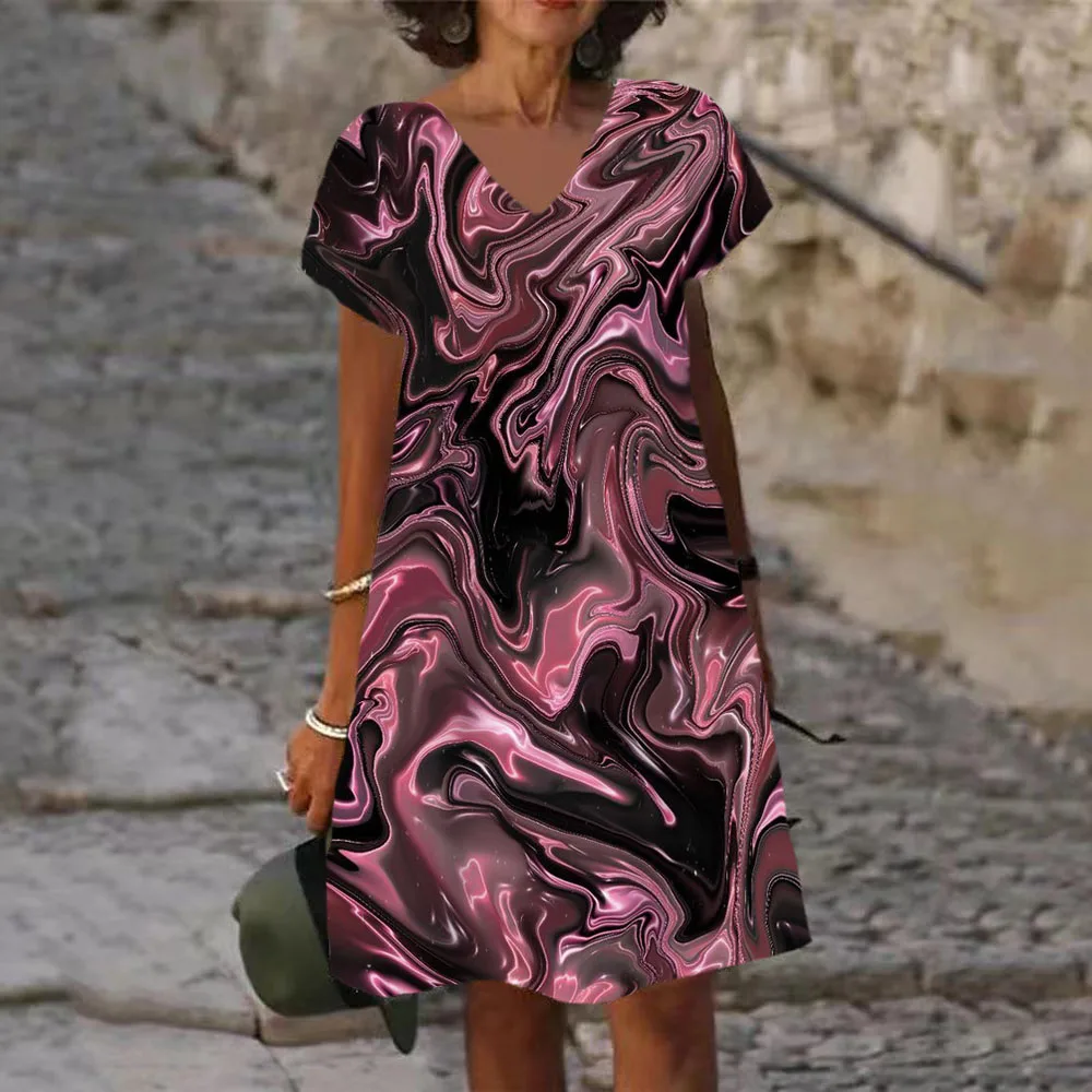 

Summer Boho Vintage tie dyed Printed Dress Fashion Casual V-neck Midi Dresses Elegant Beach Party Dress For Women Femme 2022