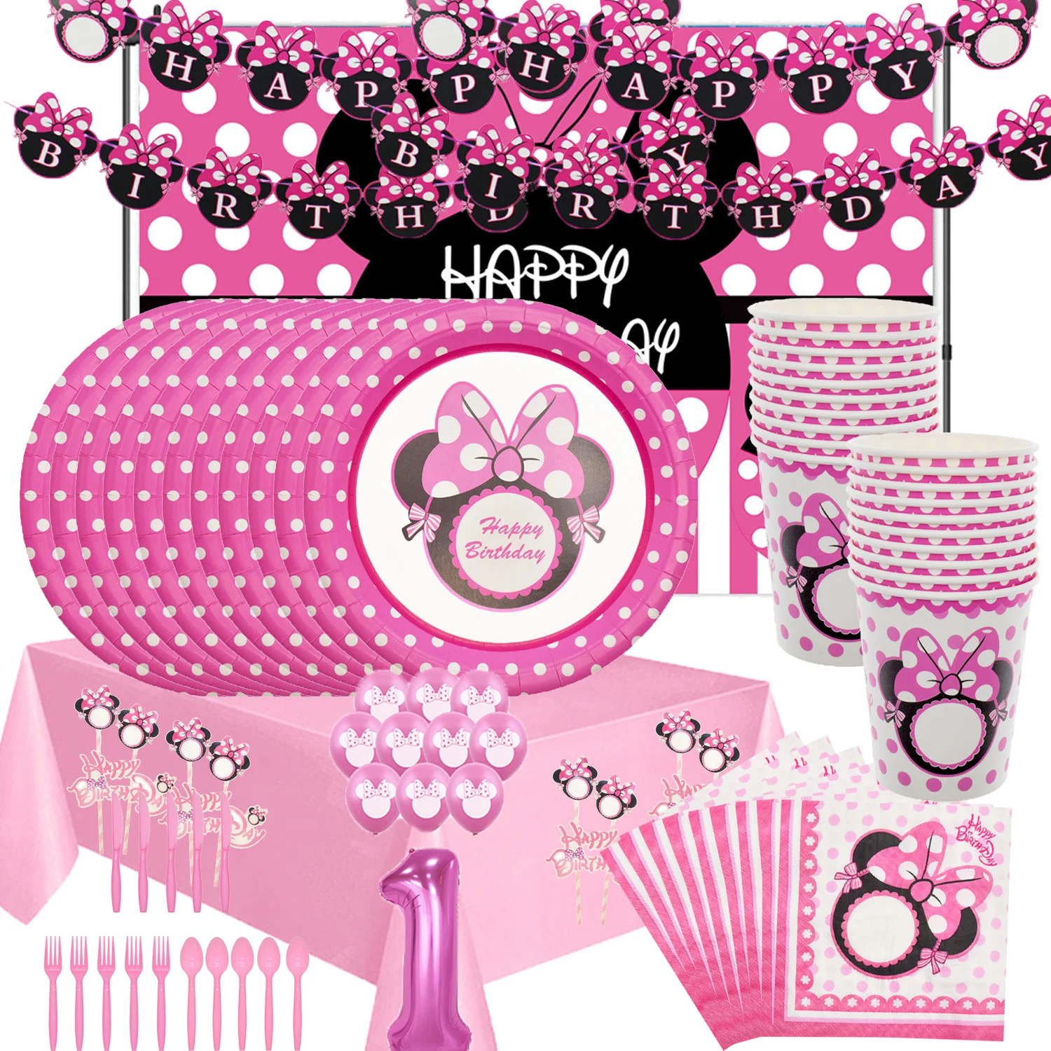 

Disney Минни Маус девочки День Рождения фотография табличка с баннером тарелки салфетки чашки фон с номером воздушные шары