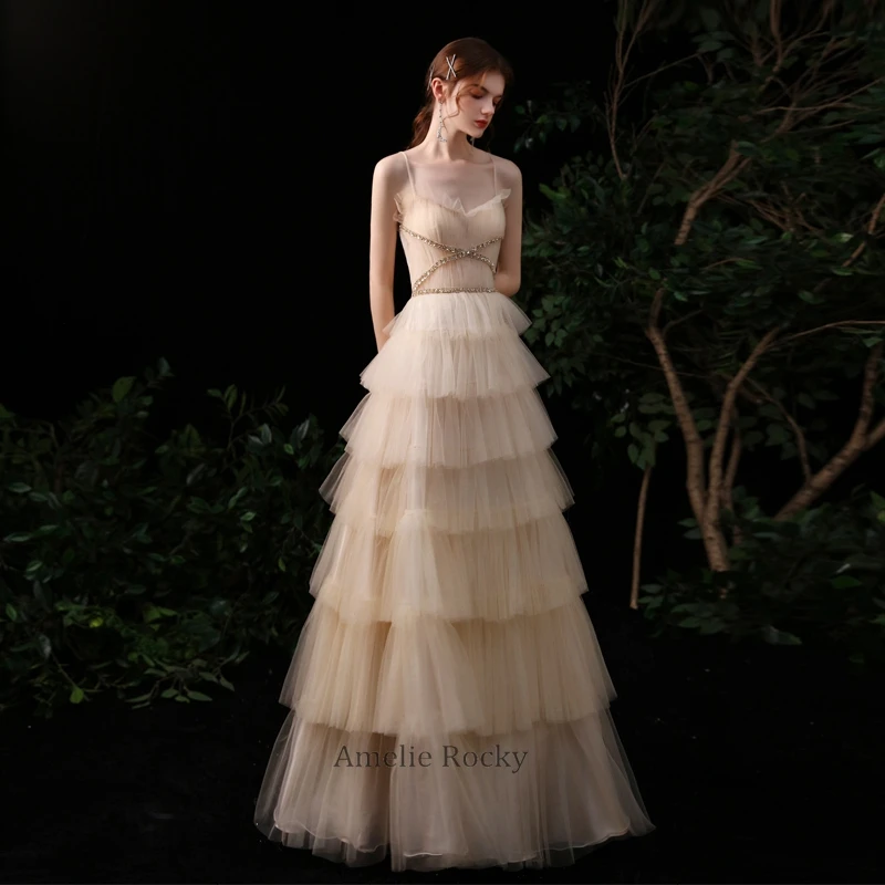 

Amelie Rocky A-Line Tiered Tulle Princess Evening Dresses 2022 New Sleeveless Backless Formal Dress Birthday Party Evening Gowns