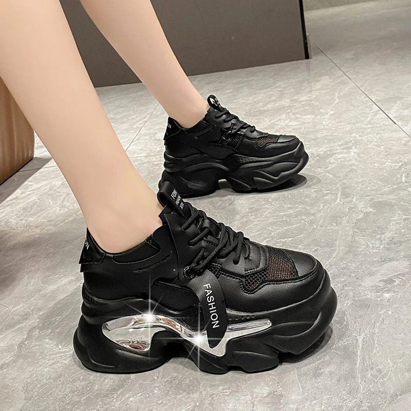 New Fashion Women Summer Leather Sneakers 8CM Heels White Mesh Casual Shoes Woman Trainers Lace-Up Breathable Platform Sneakers