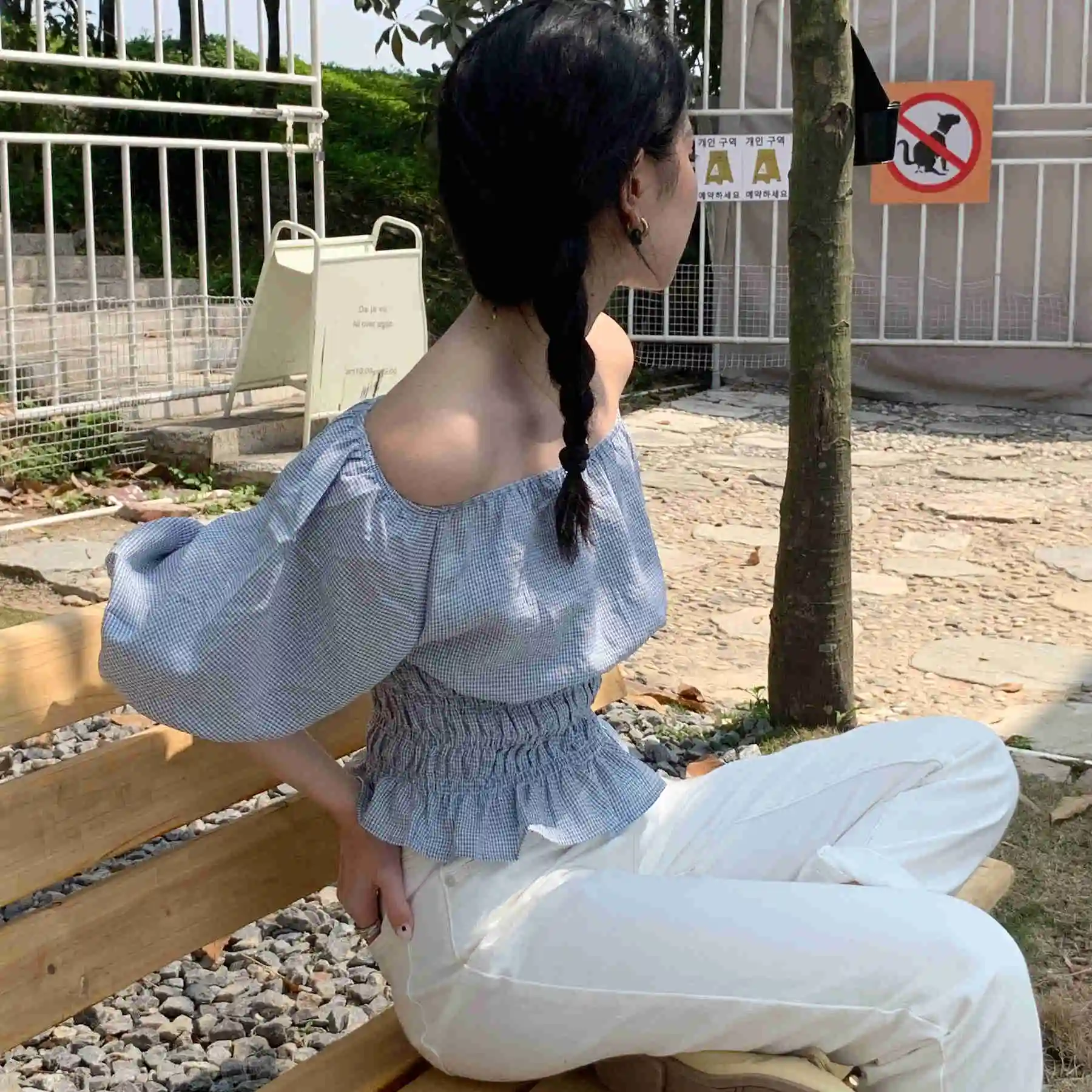 

2022 Summer Women Slim Waist Off Shoulder Puff Sleeve Blouse Plaid Shirt Female Elastic Waist Shirts