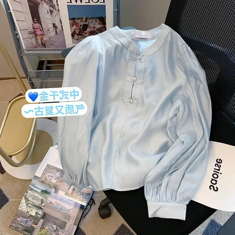 

Chinese Knot Single-breasted Female Blouse 2022 New Spring Solid Color Stand Collar Full Sleeve Top Fashion Ladies Street Shirt