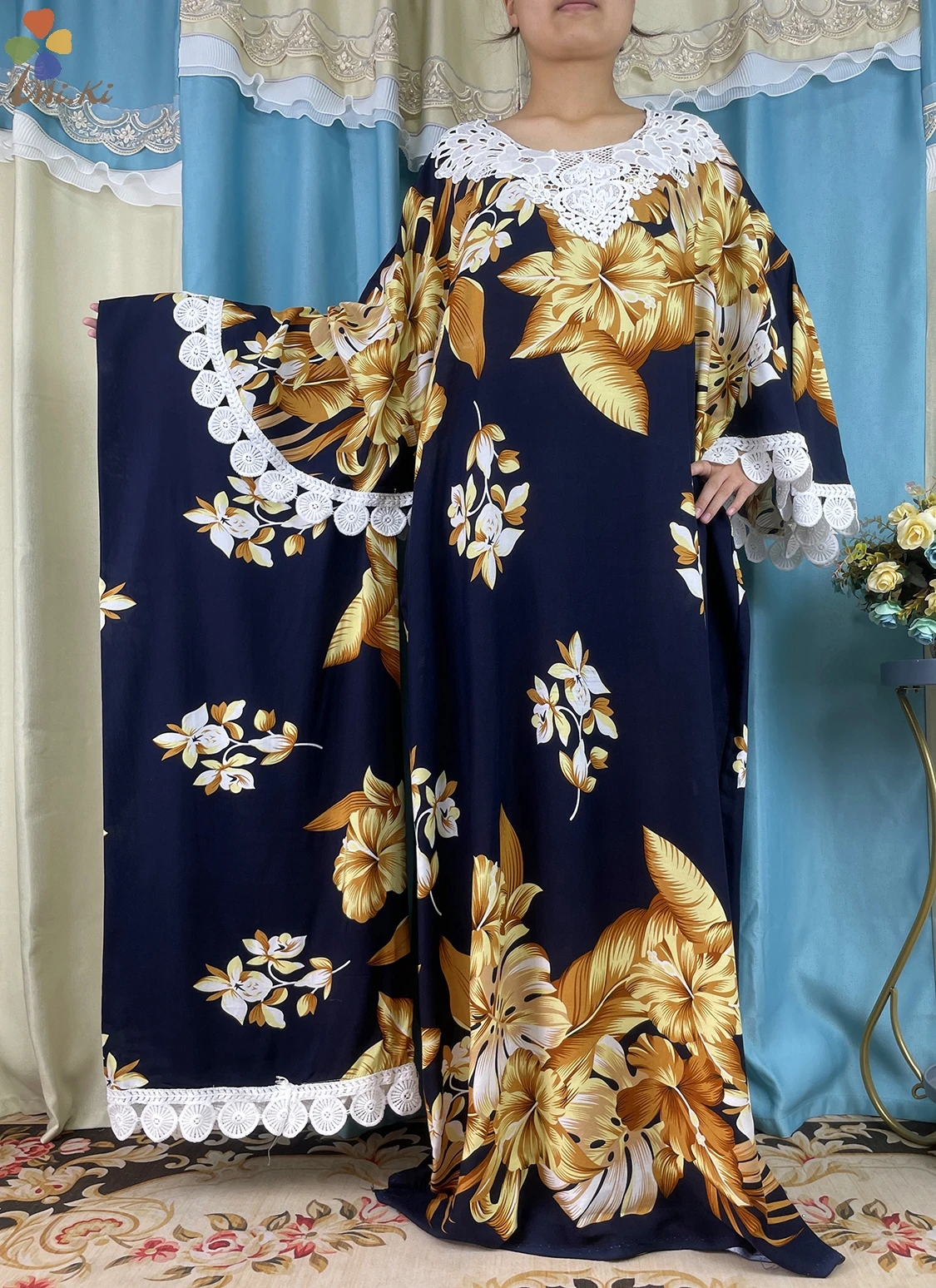 New African Women Tassel Sleeve Floral Printed Cotton Loose Femme Robe African Tradition Woman Dresses Paired witha Large Scarf