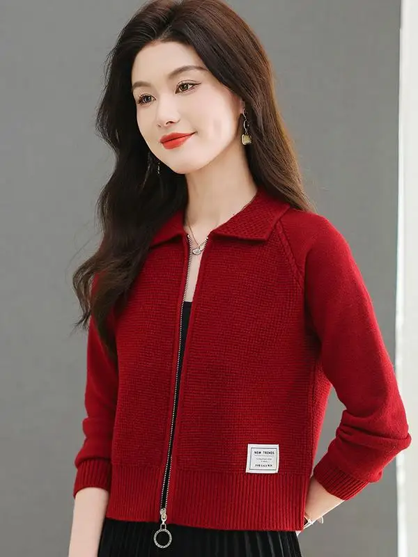 Lapel Zip-up Sweater Outerwear Women Short Autumn and Winter Small Knitted Top High Waist Casual Outdoor Fleece Cardigan